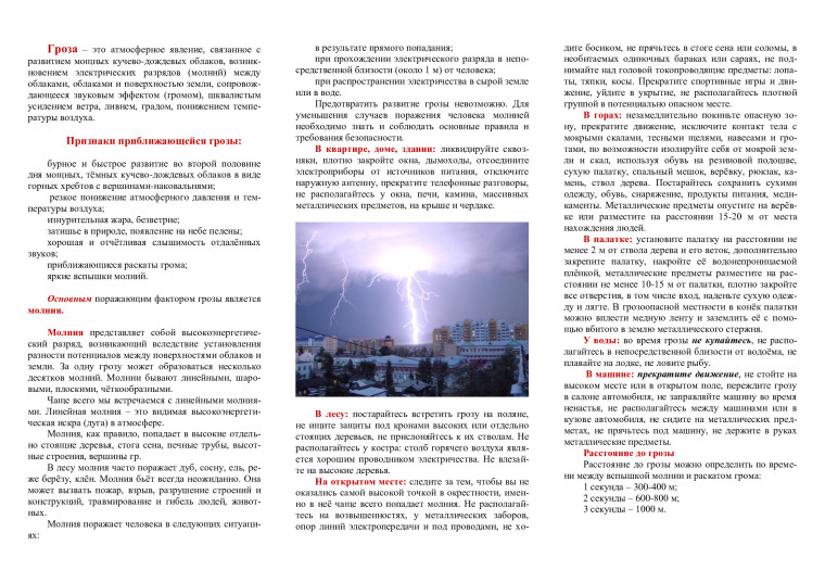 Памятка Действия населения при грозе. Памятка Действия населения при грозе.